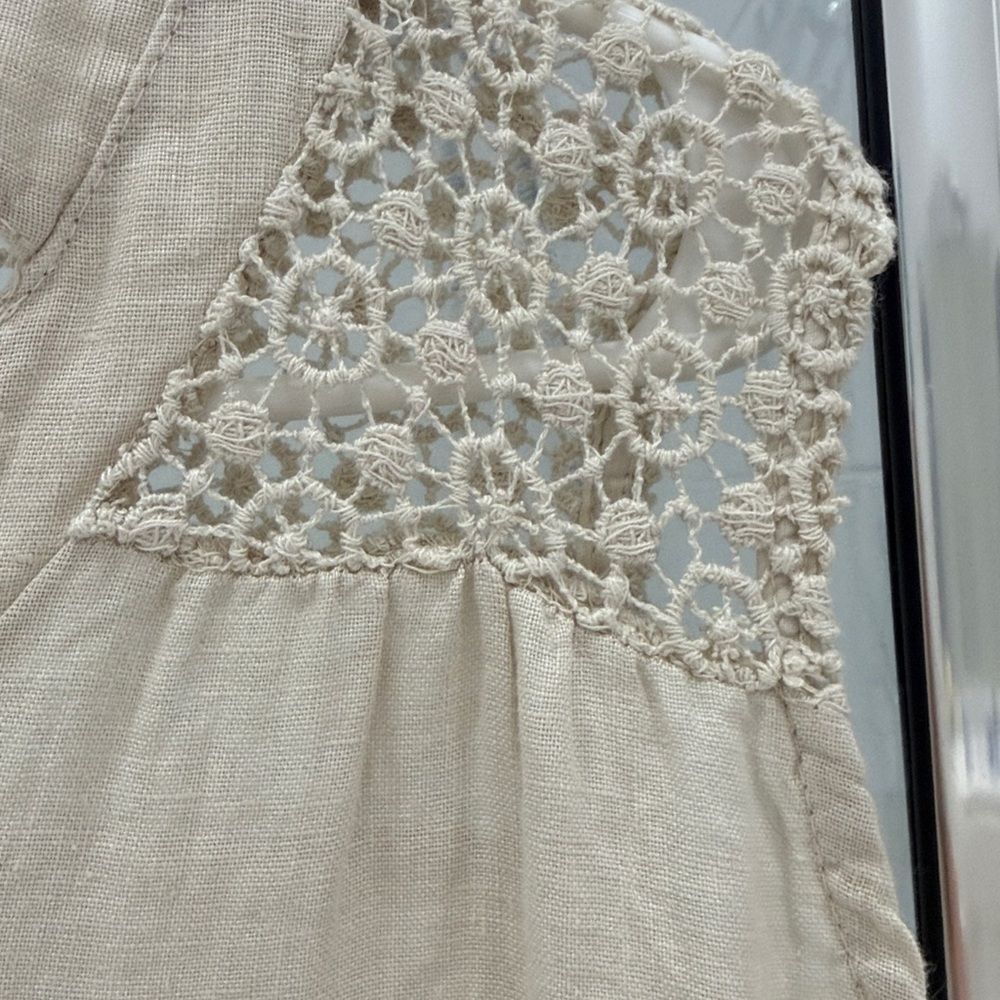 Sleeveless Top embroidered beige Pearl Buttons made in Italy 100% Linen Large - Picture 4 of 7